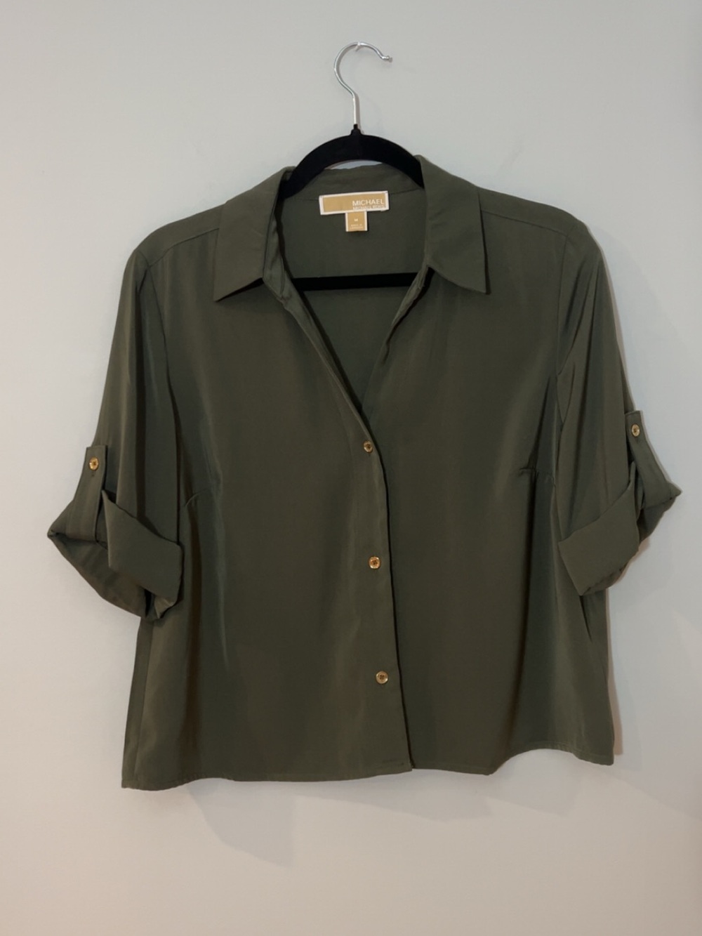 MICHAEL Michael Kors Olive Green Button-Front Roll Sleeve Blouse